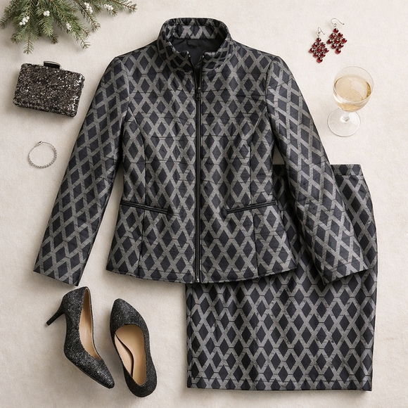 Carlisle Dresses & Skirts - Carlisle Geometric Jacquard Skirt Suit Set Jacket & Pencil Skirt Black Silver 8